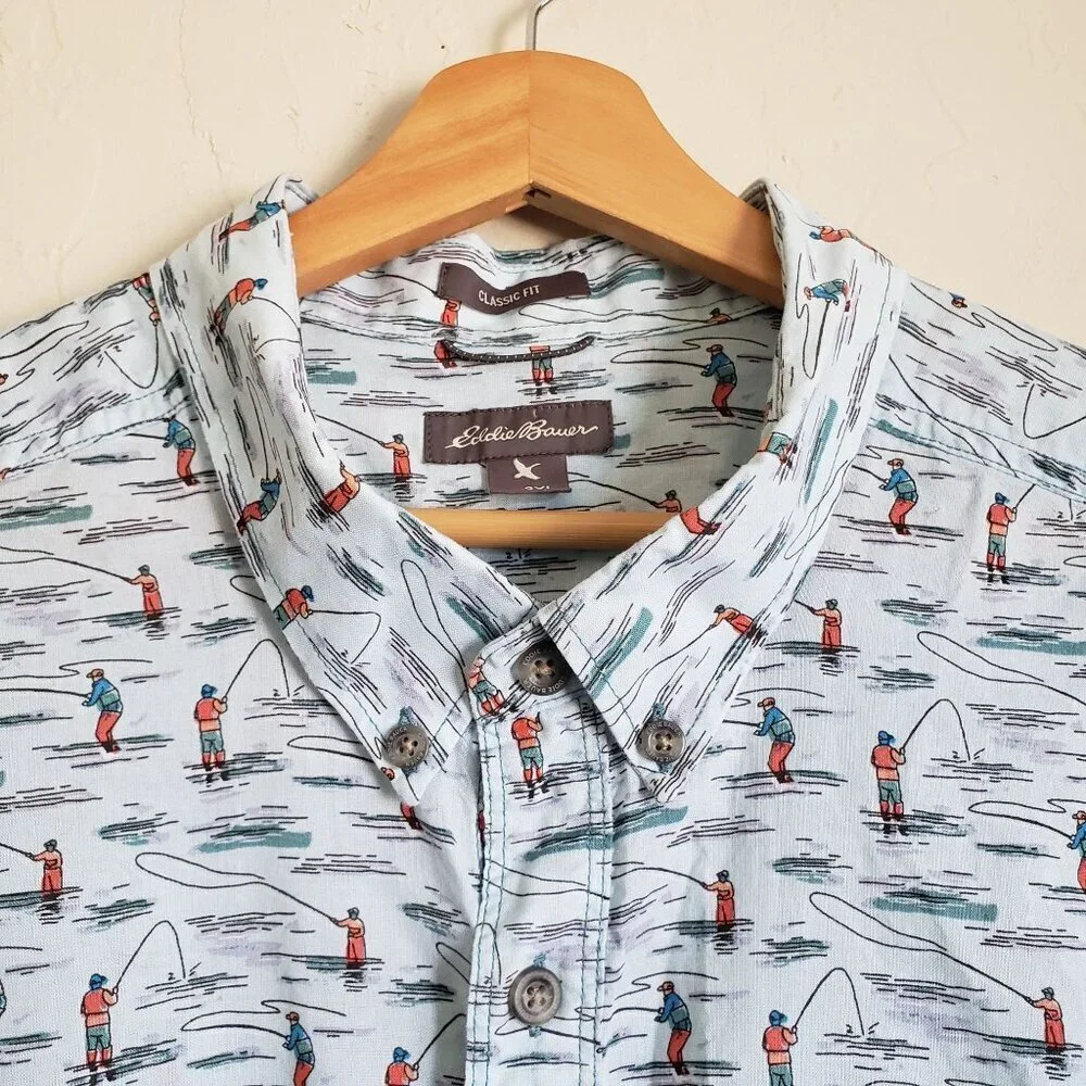 Eddie Bauer Classic Fit Fishing Print Button Up Shirt Blue Men's 2XL Fisherman